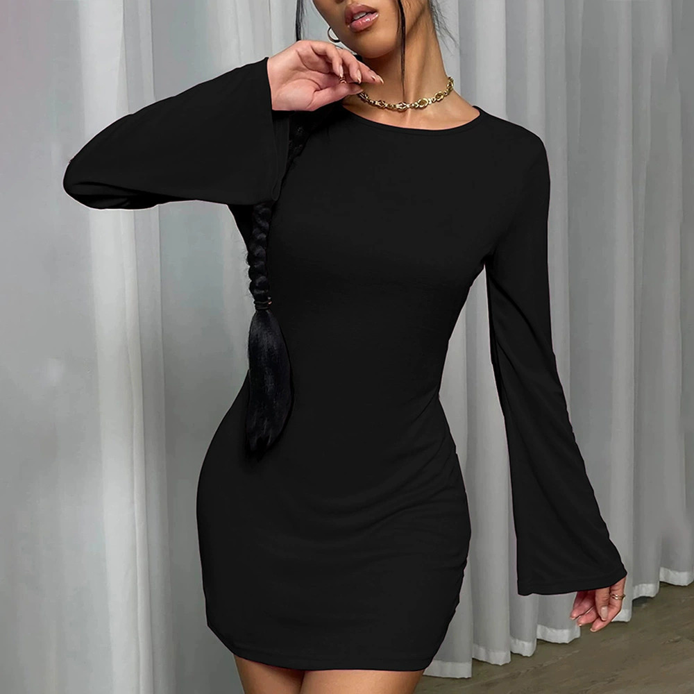 ZARA Sexy Backless Round Neck Pullover Long Bell Sleeve Bodycon Dress